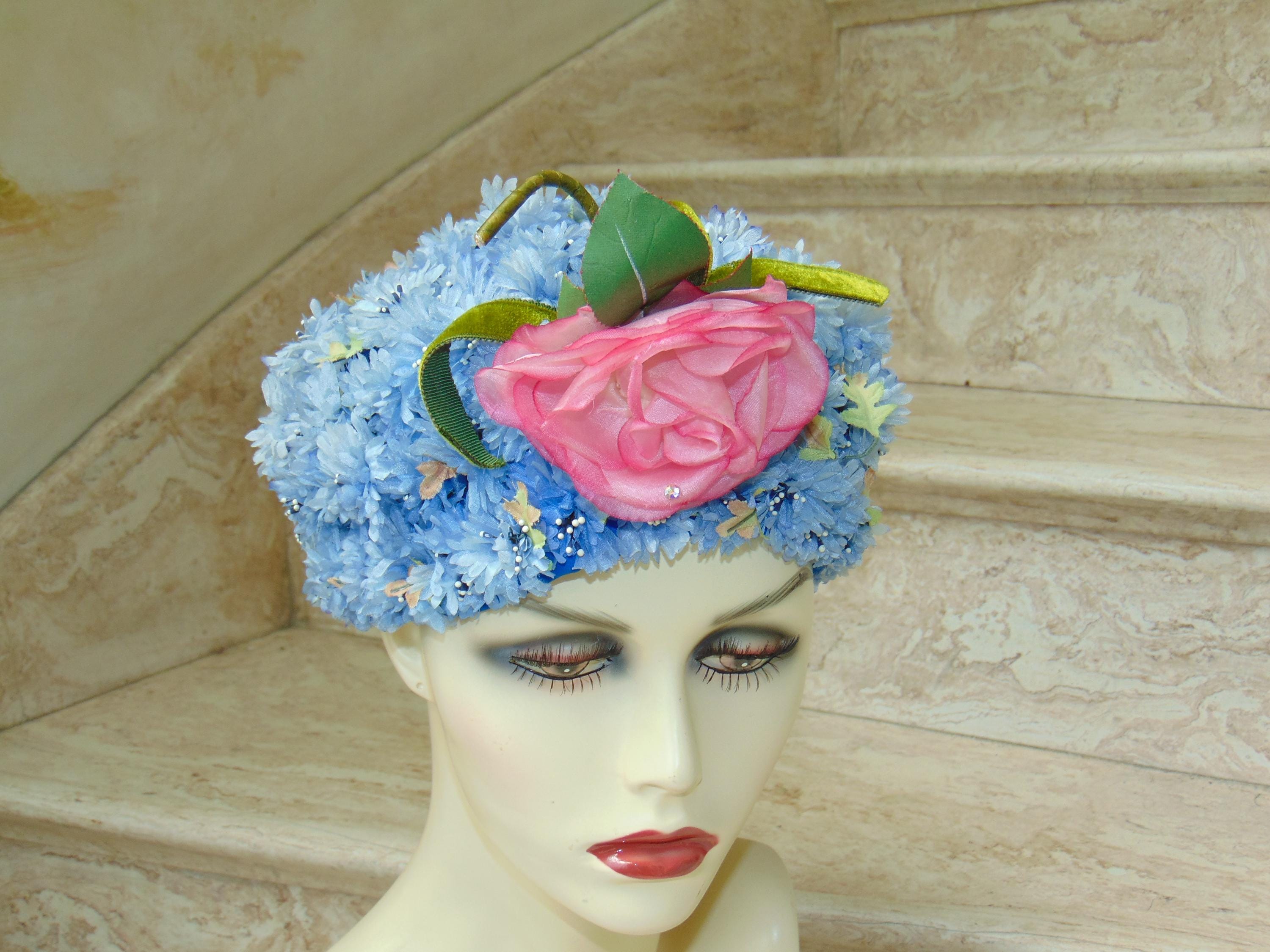 Frank Olive Saks Fifth Avenue Vintage Blue Pillbox Hat Pink Flower Bow Accent Women main image 4