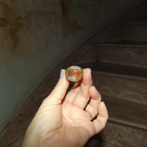 May include: A close-up of a gold-colored bottle stopper with a clear, round top. The stopper has a red, circular design in the center.
