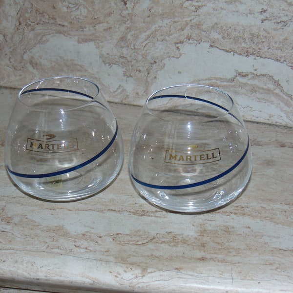 2 Vintage Rastal W. Germany Martell Cognac Brandy Crystal Snifter Glasses Clear Blue and Gold / Barware