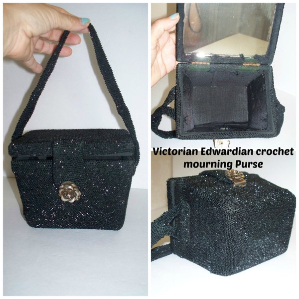 Antique Victorian Edwardian Handmade Crochet w/ Micro Black Beads Metal Tin Box Mourning Purse, 1800's 1900's Art Deco Art Noveau Handbag