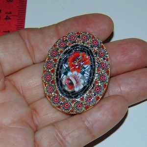 50s Italian Micro Mosaic Millefiori Glass Floral Red Brooch Gold Tone Rope Rings costume jewelry brooch Pin