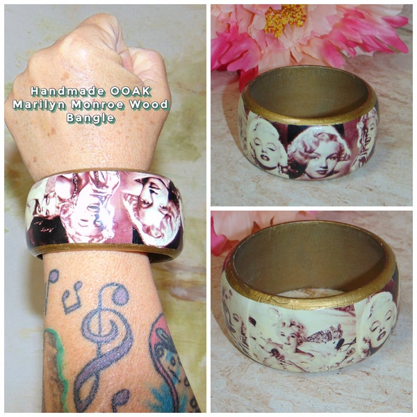 OOAK Vintage Handmade Marilyn Monroe Bombshell Paper Photo Gold Painted Wood Bangle Bracelet