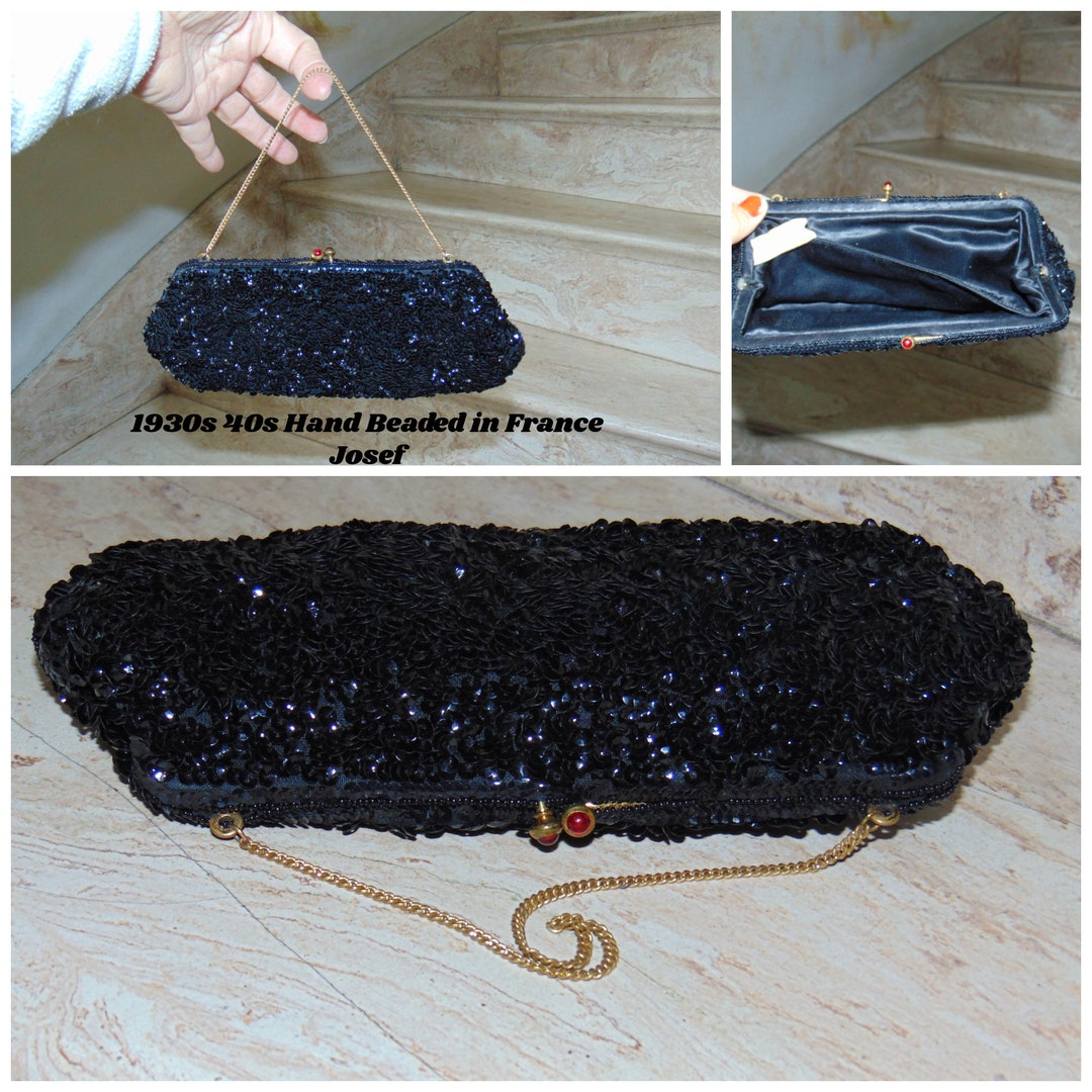 Vintage 1930s 40s Bags by Josef, Black Hand Beaded Sequin Made in