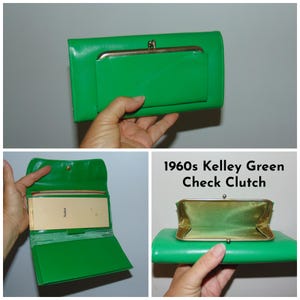 Vintage cuero cuero señoras cartera chequera verde bi-fold foto manga 60s