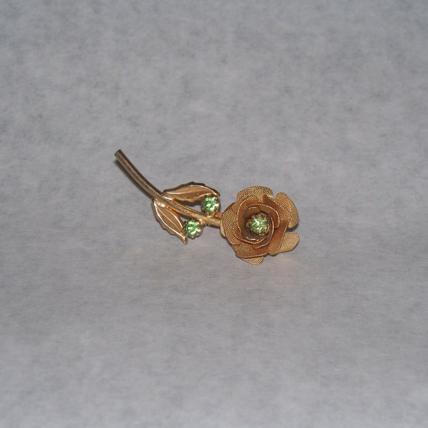 Vintage " Springing up Roses " Beautiful Lime Green Crystals embedded in Gold Tone Metal Brooch