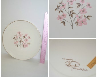 Vintage Mid Century Edwin KNOWLES Kalla Taylor Pink Dogwood Floral Gold Gilt Accent Large Dinner Plate Oven Proof Dinnerware Plate 1960's
