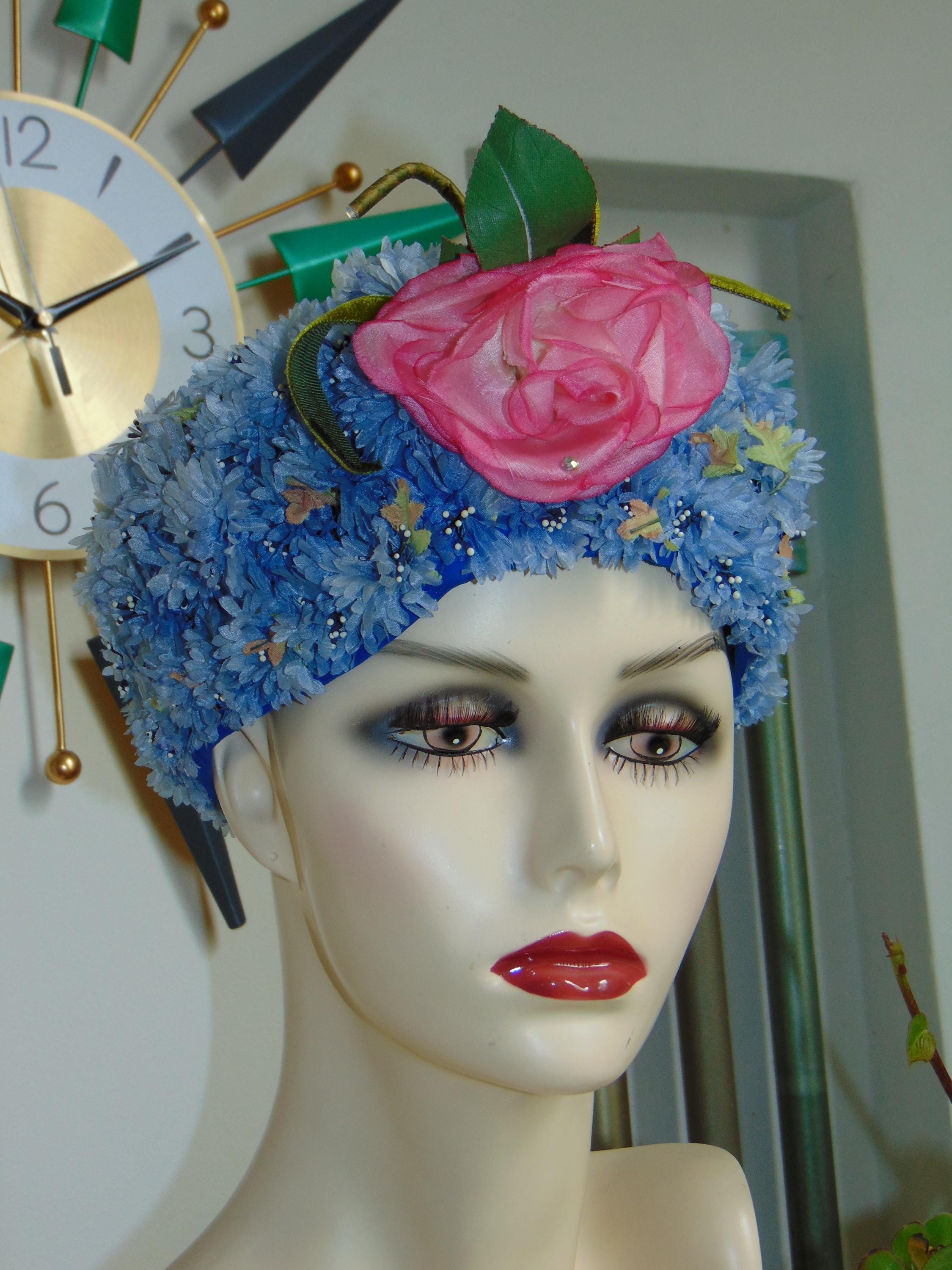 Frank Olive Saks Fifth Avenue Vintage Blue Pillbox Hat Pink Flower Bow Accent Pillbox Pink Vintage Hats for Women for sale | eBay main image 2