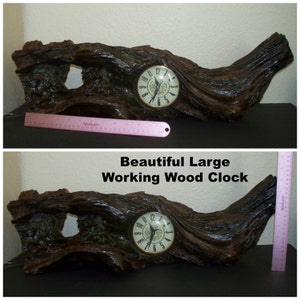 May include: A large, dark brown wooden clock shaped like a tree branch. The clock face is white with black numbers and hands. The clock is working and has a second hand.