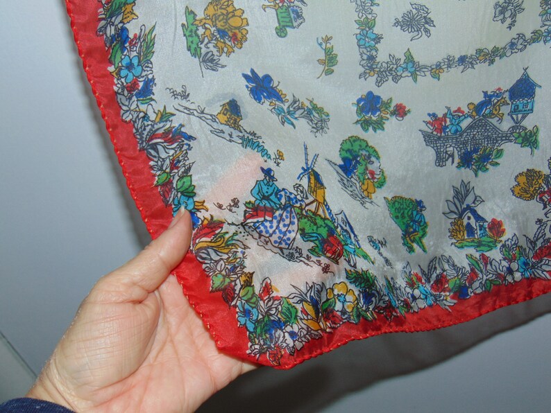 Vintage Mid Century Watercolor Holland / Denmark Print Red and White Hand Rolled & Stitched Edge Silk Scarf image 4