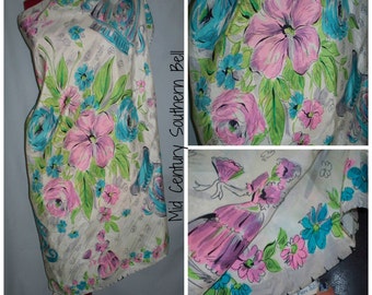 May include: A vintage silk scarf with a floral pattern in pink, blue, and green on a cream background. The scarf features large pink flowers, smaller blue flowers, and green leaves. There are also illustrations of women in dresses. The text "Pure Silk" is visible.