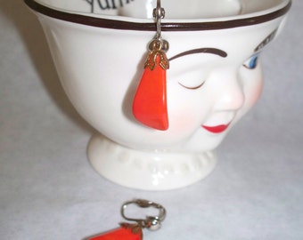 SALE* Now 8.25 Vintage Mid Century Vibrant Orange with Faint Red Swirled Dangle Clip On Earrings