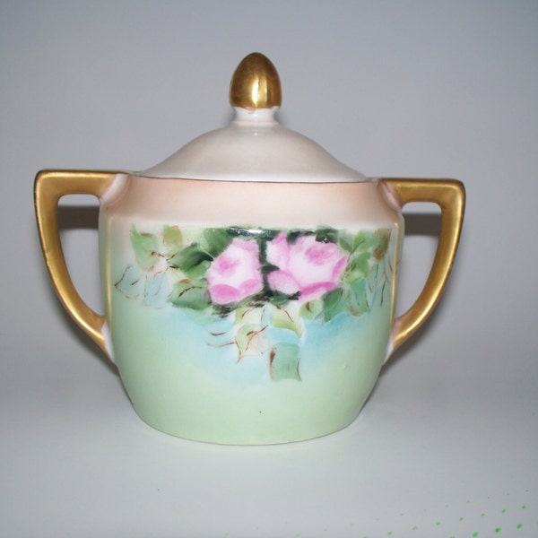 Vintage "Weimar Germany" Hand Painted Pink Roses with Beautiful Green Leafs and Brushed Gold Sugar Bowl / Servingware / Ceramic Pottery