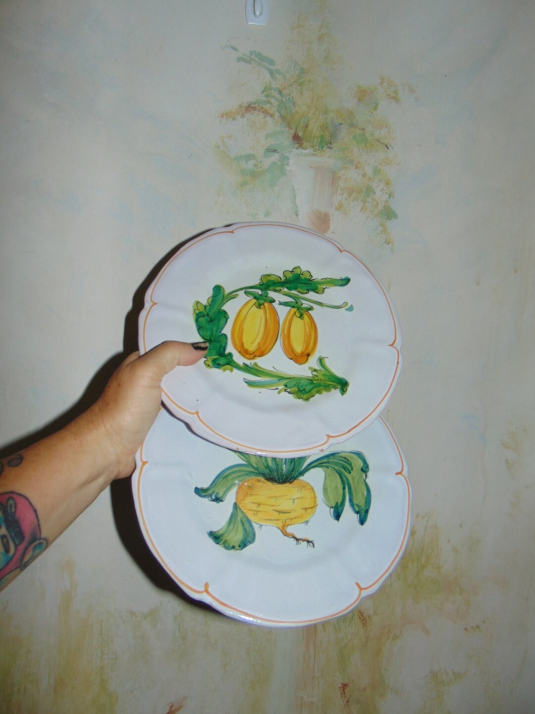 Vintage Set 2 Hand Painted Ceramic Salad Plates Yellow Green Scalloped