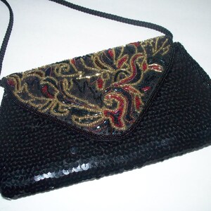 VTG Vintage " Le Regale " LTD Lentejuelas negras con mini bolso de noche con cuentas de vidrio multicolor / Embrague / Monedero formal / Monedero vintage