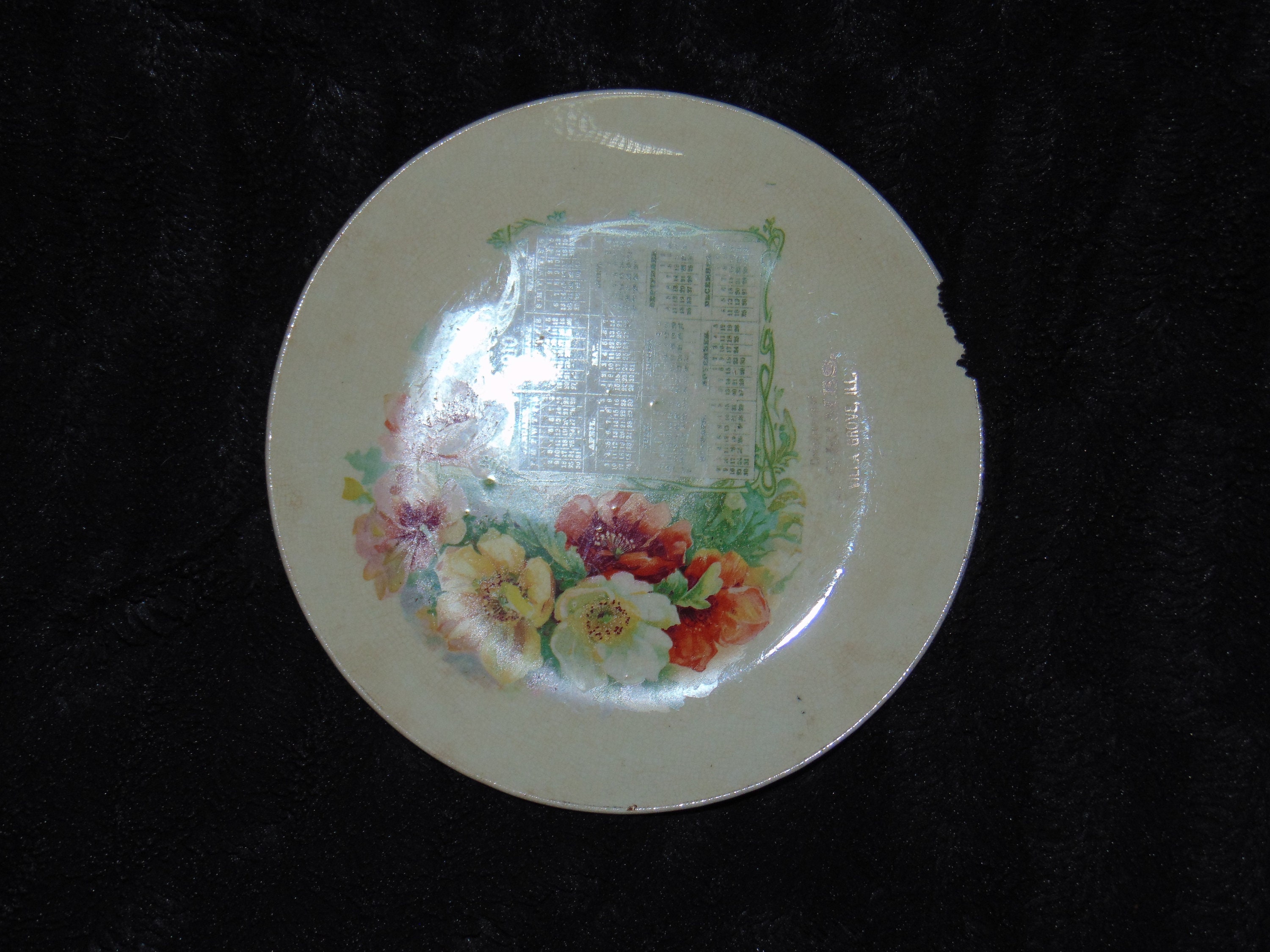 Wall plates Servingware wall decor Ceramic Plate Antique 1910 Calendar Roses Advertising Compliments Grimes ILL