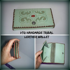 Vintage 70's Hippie Unisex Azul claro Tribal Cuero Marrón Tejido Costura 3 Bolsillo Bi-Fold Wallet / Étnico Boho Hipster Pocket Wallet