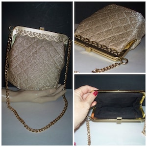 Vintage Gold Lame Quilted Metallic Bolso con correa de hombro de cadena ligera en tono dorado embrague / Bolso de noche / Accesorios de mujer