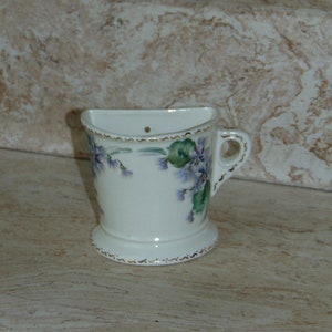 Antique E. Judd Signed Hand Painted Wall Pocket Purple Floral Ceramic Planter Wall Vase Decor