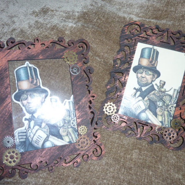 STEAMPUNK Abraham LINCOLN 2 framed pictures with gears & cogs Clear Transparent and Manilla background