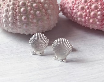 Può includere: Un paio di orecchini a bottone in argento a forma di conchiglia. Gli orecchini sono piccoli e delicati e presentano un design a conchiglia realistico.