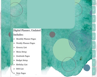 Ongedateerde digitale planner (hyperlinked), Teal planner, maandelijkse planners, wekelijkse planners, boodschappenlijst, menu, verjaardagslijst, notities