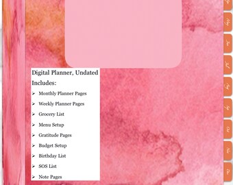 Ongedateerde digitale planner (hyperlinked), roze-oranje planner, maandplanners, weekplanners, boodschappenlijst, menu, verjaardagslijst,