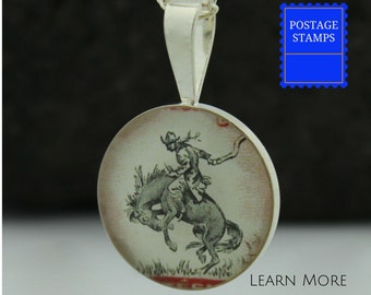 Cowboy Charm. Enjoy a Perfect Sterling Silver Cowboy Pendant featuring a Vintage US Postage Stamp. Great Gift for a Cowgirl.