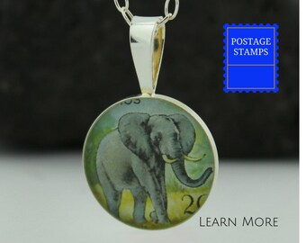 Sterling Silver Elephant Charm, Elephant Postage Stamp Jewelry, Elephant Necklace Gift for Girlfriend