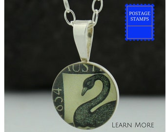Black Swan Pendant. This Handmade Sterling Silver Black Swan Pendant with a Vintage Australian Postage Stamp  Makes a Great Gift for Her.
