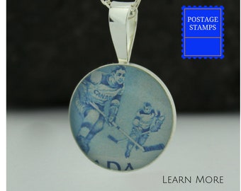 Ice Hockey Pendant. This Perfect Sterling Silver Charm features a Vintage Canadian Hockey Postage Stamp.  Perfect Gift for He - Hockey Fan.