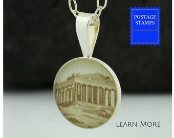 Parthenon Charm, Sterling Silver Parthenon Pendant, Vintage Postage Stamp Jewelry, Perfect Gift for Wife