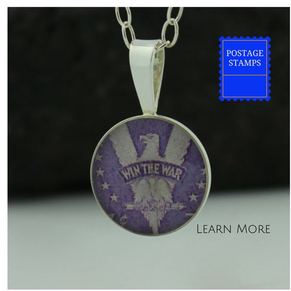 Victory Pendant. Perfect Sterling Silver Victory Pendant features a Vintage WWII Postage Stamp.  A Great Pendant Gift for Her.