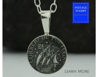 Sailboat Pendant. This Perfect Sterling Silver Sailboat Charm features a Vintage Portuguese Postage Stamp Making a Great Gift for Her.