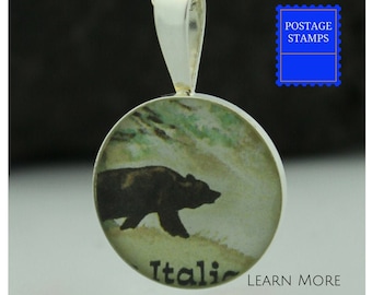 Bear Pendant. This Sterling Silver Charm features a Vintage Italian Postage Stamp.  Bear Silver Charm for Mama Bear. Perfect Gift for Her.
