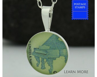 Piano Necklace, Sterling Silver Piano Charm with Vintage Postage Stamp, Piano Pendant, Piano Teacher Gift