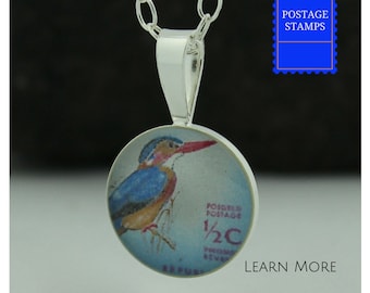 Kingfisher Pendant. Perfect Sterling Silver Kingfisher Charm features a Vintage  Postage Stamp. Great South African Present. Gift for Her
