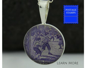 Baseball Charm. This Perfect Sterling Silver Pendant features a Vintage US Postage Stamp. Great Gift for Her the Baseball Mom