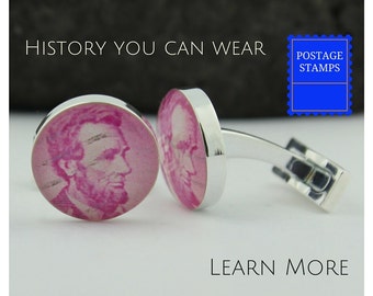 Pink CuffLinks for Men. These Lincoln Cufflinks are Handmade using Vintage US Postage Stamps. Perfect as Wedding Cufflinks for the groom.