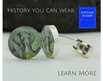 Elephant Cufflinks (Cuff Links) for Men - Genuine Vintage African Stamp Elephant Cufflinks (Cuff Links) - Handmade Elephant Cufflinks