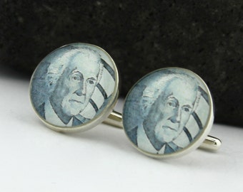 Architect Silver Cuff Links. Cool Cufflinks Handmade from Vintage Frank Lloyd Wright Stamp. Architect Solid Silver Cufflinks, Ready to Gift.