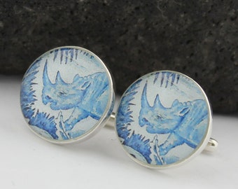 Rhino Cufflinks, Sterling Silver, Vintage Postage Stamp Jewelry, 1st Anniversary Gift for Husband