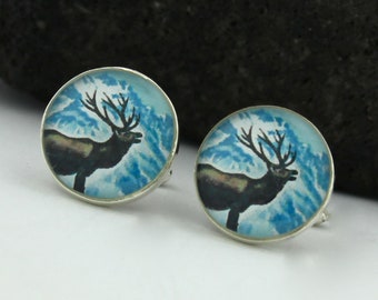 Stag Cufflinks, Sterling Silver, Vintage Postage Stamp Jewelry, 1st Anniversary Gift for Husband