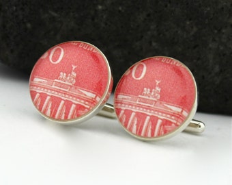 Polpanti d'argento da uomo. Unico Cufflinks fatti a mano da Vintage 60s tedesco Brandeburggate Gate francobolli. Perfetto Berlin Silver Uff link per gli uomini.