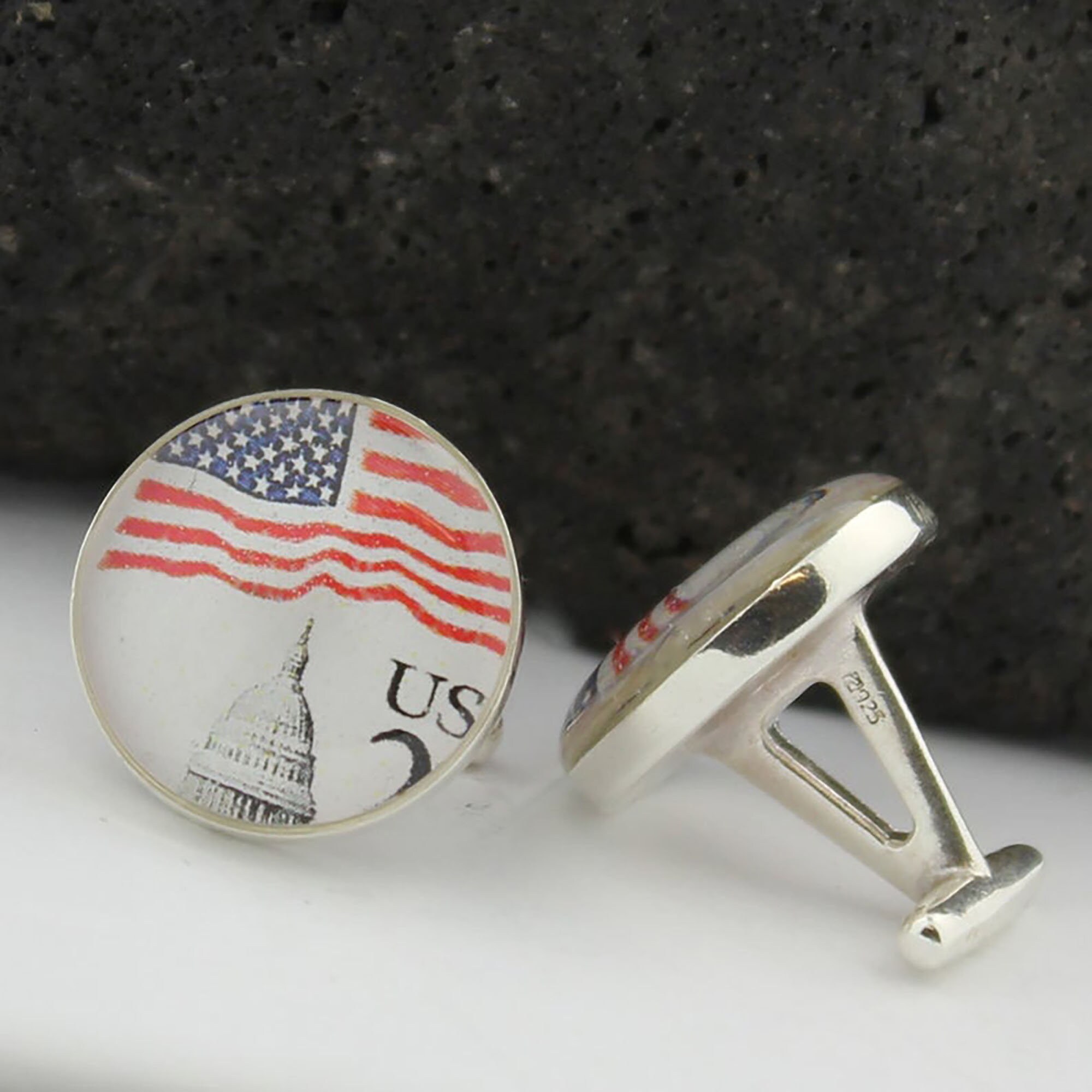 United States USA Flag Silhouette Alaska AK Rhodium Plated Silver Cufflinks 