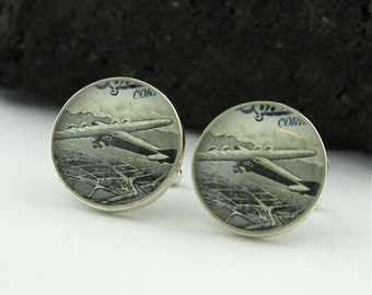 Plane Cufflinks, Sterling Silver, Vintage Postage Stamp Jewelry, Pilot Gift