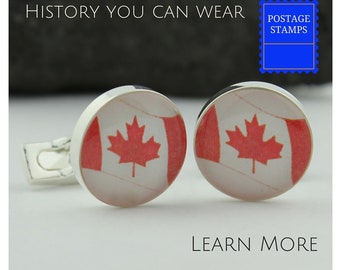 Canada Flag Cufflinks, Vintage Postage Stamp Jewelry, Anniversary Gift for Husband