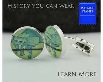 Piano Cufflinks, Vintage Postage Stamp Jewelry, Piano Teacher Gift