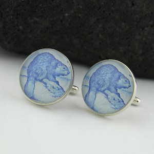 Canadian Solid Silver Cufflinks for Men.  These Handmade Sterling Silver Cufflinks Upcycle Beaver Stamp. Men’s Cuff Links for Your Wedding.