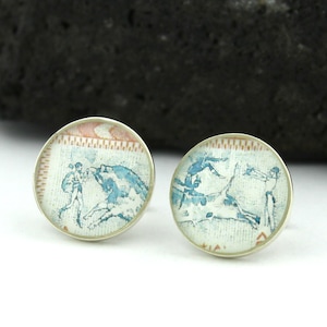 Minoan Silver Cufflinks for Men. Unique Cufflinks Handmade from Minoan Bull Jumper Vintage Greek Stamps. Unique Silver Wedding Cufflinks.
