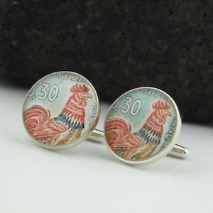 Silver Rooster Cufflinks for Men. Custom Men’s Cufflinks Handmade from Vintage French Rooster Stamps. Wedding Cufflinks or Corporate Gift.